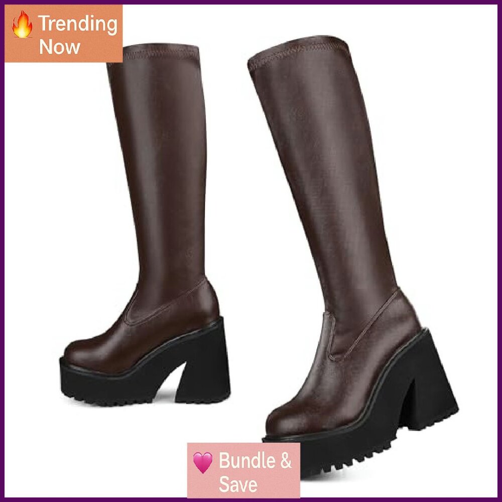 Knee High Platform Chunky Heel Combat Boots, Elastic Leather, Zipper & Lace - Picture 2 of 7